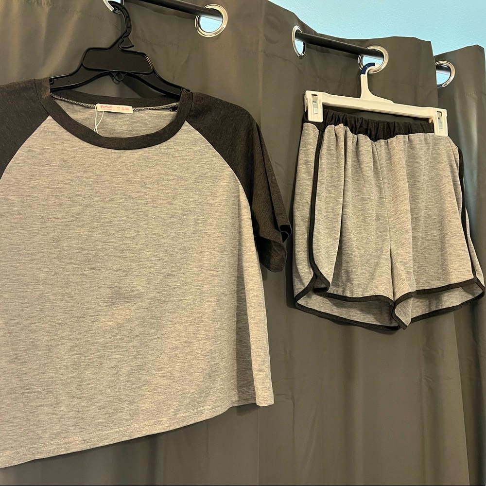 A light and dark grey pajama set